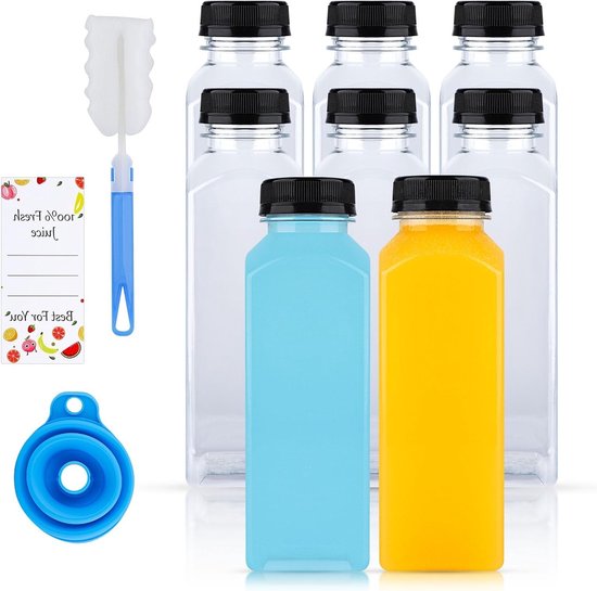 Set van 8 herbruikbare 400ml plastic flessen voor smoothies, sap en drankjes - Transparante flessen voor koelkast, juicer en shots