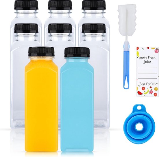 Set van 8 herbruikbare 400ml plastic flessen voor smoothies, sap, shots en water - Transparant, ideaal voor koelkast en juicer