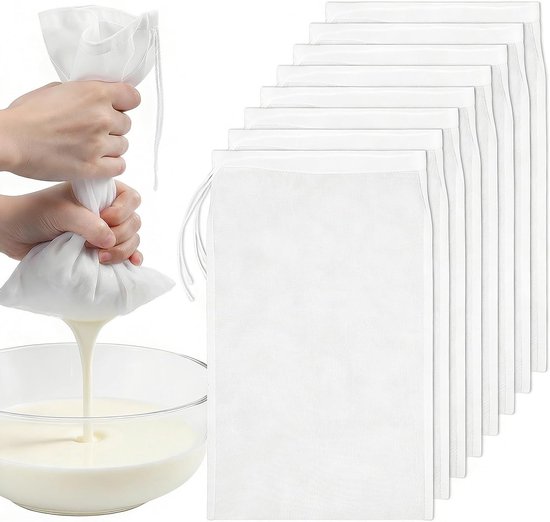 Set van 8 Herbruikbare Notenmelkzakken - Fijnmazige Filterzakken voor Melk, Kaas, Koffie, Yoghurt en Sap (30x20cm) van Merkloos