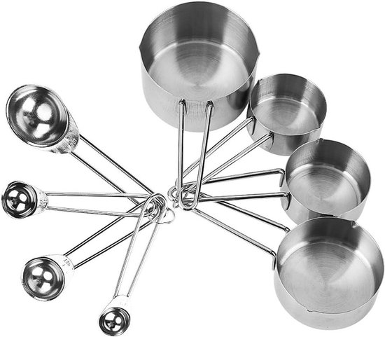 Set van 8 Maatlepels en Maatbeker van RVS, Ergonomische Antislip Handgreep voor Keuken, Perfect voor Granen, Specerijen en Suiker van Merkloos