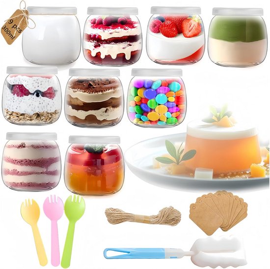 Set van 9 Luxe 300 ml Glazen Dessertpotten met Deksel voor Yoghurt, Pudding en Jam van Merkloos