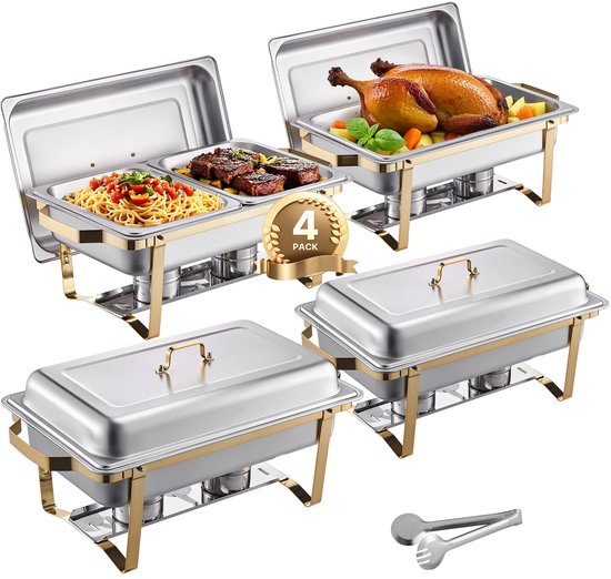 Seth Select Chafing Dish - Buffetwarmer -Bain-Marie - 4-pack buffetset rvs chafer met 2 volledige grootte en 4 halve grootte pannen.