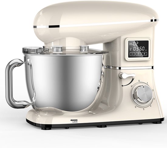 SHANNA Digitale Keukenmachine – 1600W Zuiver Koper – Standmixer – Bakmachine - 6,2L RVS Mengkom – Met LCD Timer, Deeghaak, Garde en Complete Bakaccessoires – Crèmewit