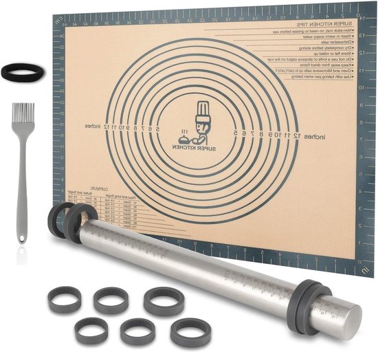 Siliconen bakmat 50 x 40 cm - antislip - roestvrij staal - verstelbare deegroller - grijs van Aisier