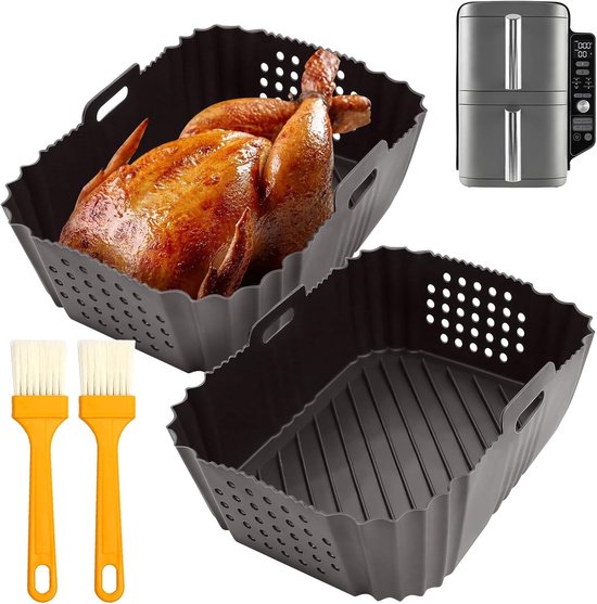 Siliconen Bakvormen voor Airfryer - 2 Stuks Herbruikbare Accessoires met 2 Bakborstels, Ideaal voor Bakken en Koken, 19×14×8cm, Grijs