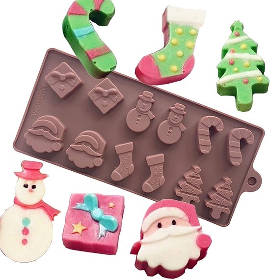 Siliconen bakvormen voor kerst met speciale patronen van kerstman, kerstboom, sokken en sneeuwpoppen voor het maken van taarten, puddingen en muffins van Merkloos