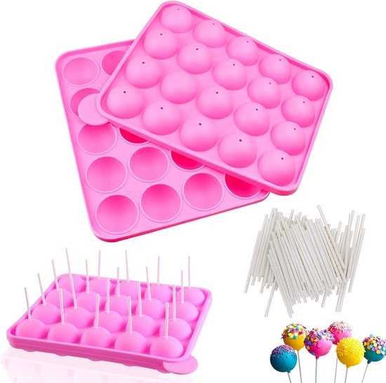 Siliconen Cake Pop Mallen voor het Bakken, 2 Stuks met 100 Stokken voor Lollies, Chocolade en Snoepjes