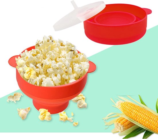 Siliconen magnetron popcornkom - BPA-vrije opvouwbare popcornkom - Magnetron popcornkom - Met deksel en handvat - Vaatwasserbestendig - Geweldig voor filmavonden - Rood