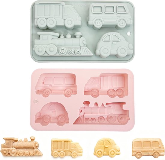 Siliconen Mallen in Auto Vorm, 4 Caviteiten voor Chocolade, Snoep, Jelly en Pudding, Set van 2 Stuks in Blauw en Roze van Merkloos