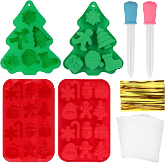 Siliconen mallen voor kerstbakken - 2 stuks voor koekjes, taarten en snoepgoed met druppelaar en snackzakken (rood, groen)