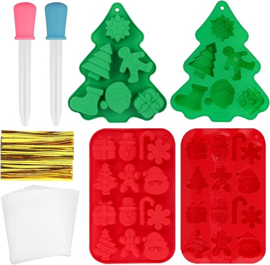 Siliconen Mallen voor Kerstmis Bakken - 2 Stuks voor Koekjes, Taarten en Snoepgoed met Dripper en Snackzakken (Rood, Groen) van Merkloos