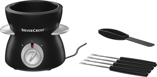 SILVERCREST Elektrische mini chocoladefondue - Geniet van een heerlijk chocoladedessert met deze elektrische chocoladefondue - Vermogen: 25 W Inhoud: 250 ml  - Incl. 4 fonduespiesen en spatel - Antislipvoeten
