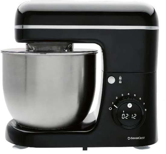 SILVERCREST® KITCHEN TOOLS Keukenmachine - Vermogen: 600 W - Inhoud: 5 L - Standen: 8 - Traploze snelheidsregeling met turbofunctie - Incl. spatbescherming, deeghaak, klopper en garde - Deeghaak en garde met Teflon® antiaanbaklaag - Zwart van SilverCrest