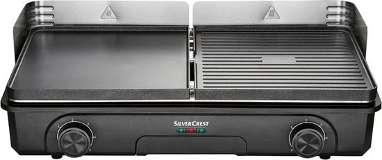 SILVERCREST® KITCHEN TOOLS Tafel BBQ - Grilloppervlak: 24,7 x 28,2 x 1,58 cm - Vermogen: 1.800/2.200 W - Traploos instelbare temperatuur - 5 vermogensniveaus - Grillplaten met grill- of plancha-oppervlak