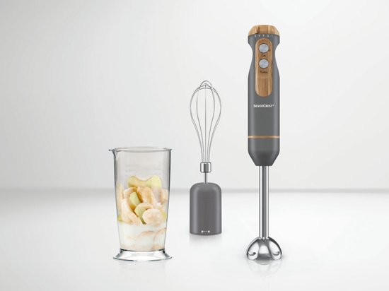 Silvercrest Staafmixer - 2-in-1: mixen en pureren - Vermogen: 600 W - Incl.: maatbeker - Grijs - 2-in-1: voor mixen en pureren - Turboknop voor krachtige impulsmixing - Hulpstukken gemaakt van RVS van SilverCrest