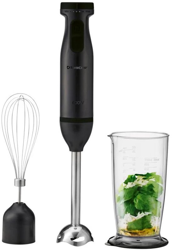 Silvercrest Staafmixerset 600 W - Zwart - Set: staafmixer, mixvoet, garde, maatbeker met deksel - Turbofunctie: voor krachtig pulseren - Met deze staafmixer van SILVERCREST mix, pureer en klop je moeiteloos allerlei ingrediënten van SilverCrest