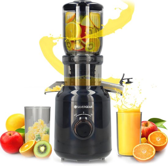 Silvergear® Slow Juicer | For Fruit and Vegetable Juices | Juicer Electric Powerful Motor with 60 RPM | 103mm Opening | 2x 450ml Collection Bin | BPA Free | Slow Juicer 250 W | Black van Merkloos