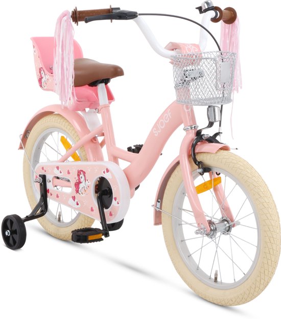 SJOEF Dolly Meisjesfiets 16 inch Roze | Unicorn Design | Kinderfiets met zijwieltjes 4, 5 & 6 jaar | 103-118 Kledingmaat | Roze Fiets 16 inch van SJOEF