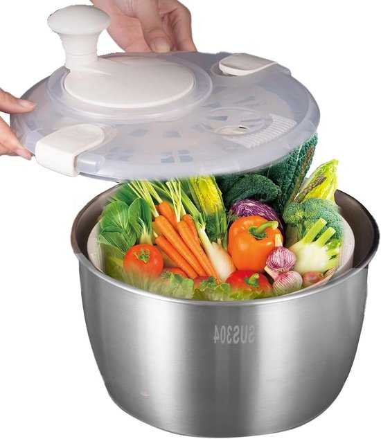 Slacentrifuge - Groente Droger - Salades Maken - Roestvrij Staal - 5 Liter - Zilver