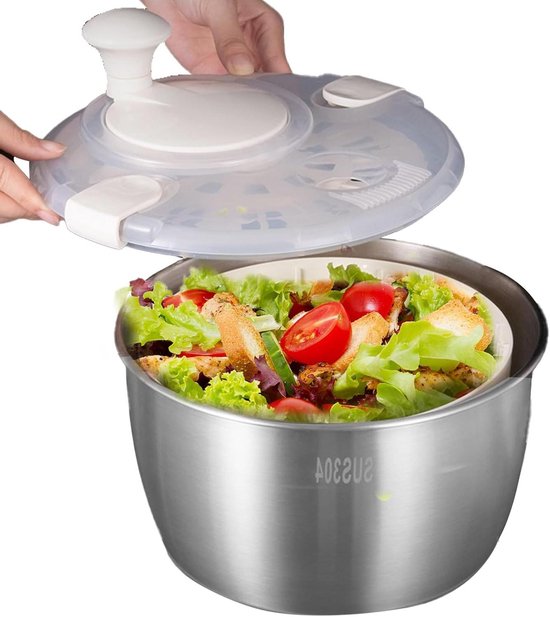 Slacentrifuge - Groente Droger - Snel Salades Maken - Antislip Mat - 5 Liter - Zilver