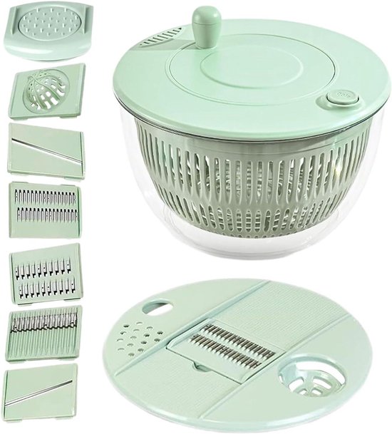 Slacentrifuge - Keuken droger - Salades bereiden - Met snijfunctie - 23.5 x 23.5 x 14 cm - Lichtgroen