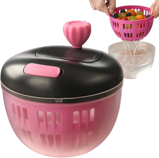 Slacentrifuge Kom - Keuken Zeef - Salade Bereiden - Gebruiksvriendelijk Mechanisme - 800 ml - Zwart Roze