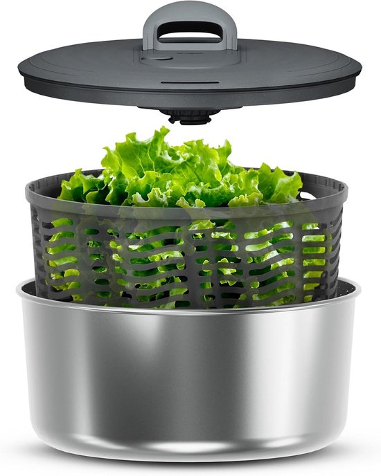 Slacentrifuge Roestvrij Staal - Salade Droger - Salade Bereiden - Gepatenteerde AquaVent Technologie - 3.26 Liter - Zilver