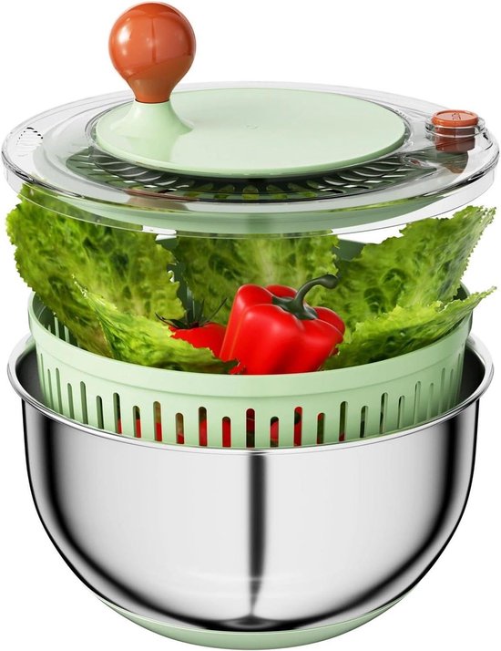 Slacentrifuge RVS - Groente Droger - Snel Salade Drogen - Met Stopknop - 5 Liter Kom - Zilver