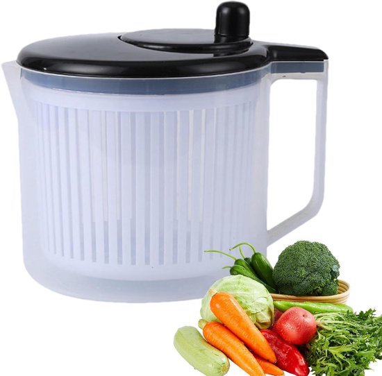 Slacentrifuge - Salade Droger - Groenten Wassen - Handig Gietuitloop - 24 x 19 x 20 cm - Zwart