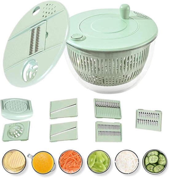 Slacentrifuge Snijder - Keukenmachine - Salade Bereiding - Multifunctioneel Keukengereedschap - 24.5 x 24 x 18 cm - Wit Groen
