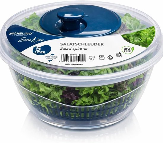 Slacentrifuge XXL - Keukenhulp Kom - Salades Maken - BPA-vrij Ontwerp - 5 Liter Volume - Atlantisch Blauw van Merkloos