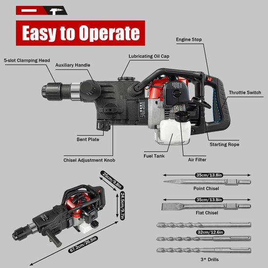 Sloophamer Gas Aangedreven - 1000 W Motor - 33CC 2-Takt - Zwart - Betonbreker Machine - Handbediende Slagboormachine