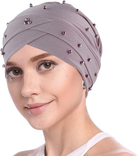 Slouchy muts - moslim vrouwen beanie muts tulband hoofd ruches parels chimio mantel pet voor haaruitval, Licht violet, one size