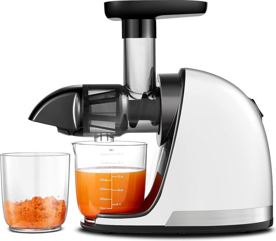 Slow Juicer Machine - Koude Pers Masticating Sapmachine voor Groenten en Fruit - Geen Filtratie Nodig - Inclusief 2 Bekers en Borstel - Pure Wit - Energieklasse A+++