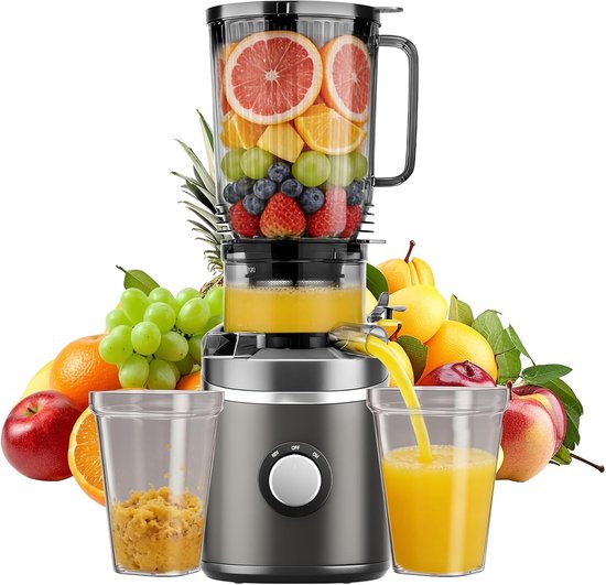 Slow Juicer met 120 mm Invoerschacht voor Hele Fruit en Groenten, 2.3 L Inhoud, Koud Persen, Hoge Sapopbrengst, BPA-vrij Tritan Materiaal