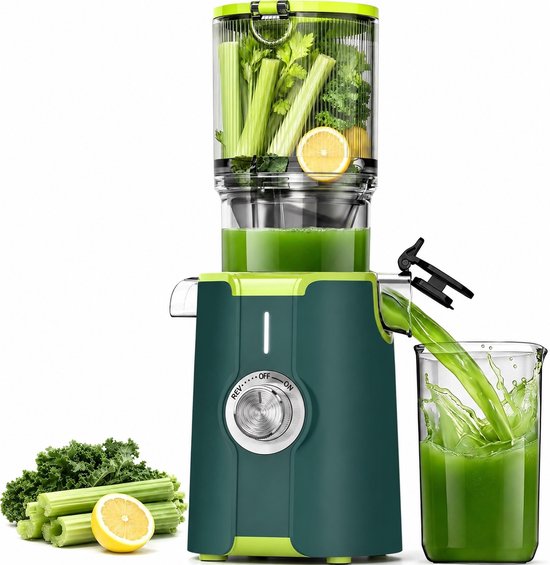 Slow Juicer – Sapcentrifuge – 200W – 115 mm Brede Vulopening voor Hele Groenten en Fruit – BPA-vrij – Eenvoudig Schoon te Maken – Inclusief Receptenboek – Groen