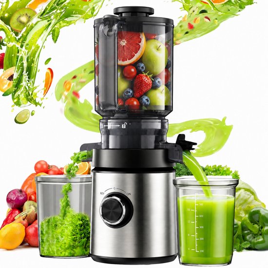 Slow Juicer Sapcentrifuge voor Groente en Fruit, 130 mm brede vulopening, hoge sapopbrengst, koude persing, BPA-vrije onderdelen, eenvoudig te reinigen