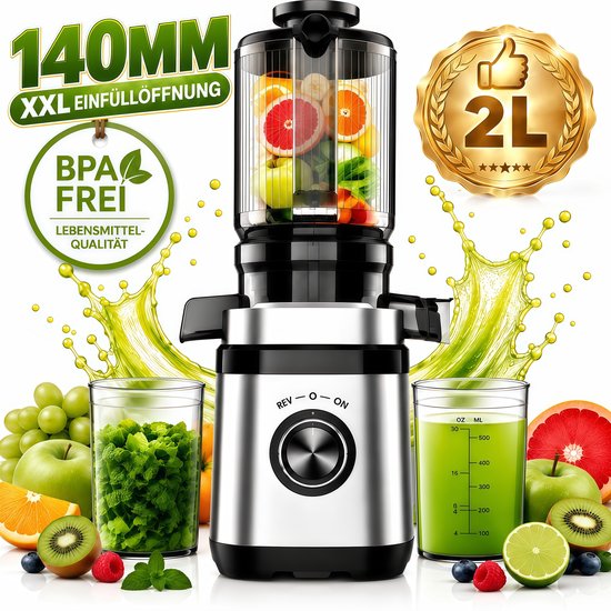 Slowjuicer - 140 mm Grote Vulopening - 400W - 2L Vulcapaciteit - Voor Groente en Fruit