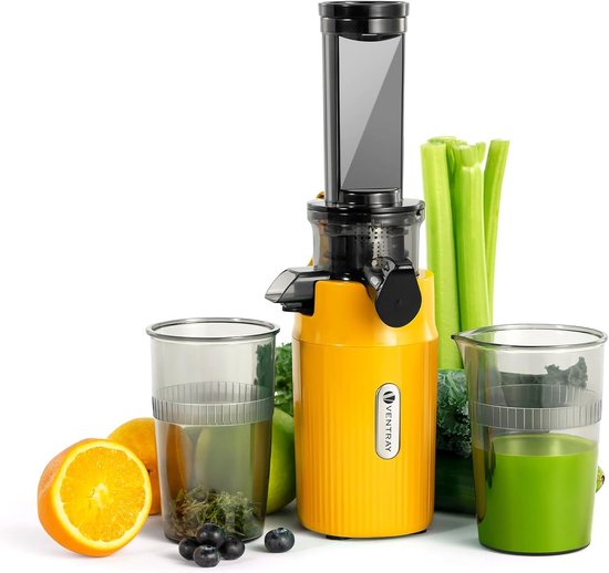 Slowjuicer Elektrisch - Koude Pers 60 RPM - Compact 122x102x302mm - Dubbel Filterontwerp - BPA-Vrij - Zonnig Geel - Sappers