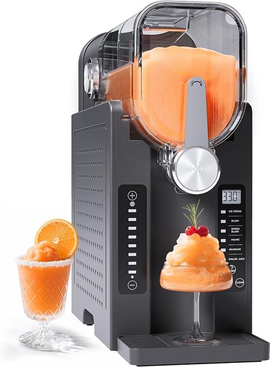 Slush Machine 2 Liter – Thuis Slushiemaker met Compressor – Zelfreinigende Slushi Maker – 6 Programma’s voor Slush, Milkshake, Frappé en Cocktails – LED Display – Zonder IJs Nodig – Zwart AD03