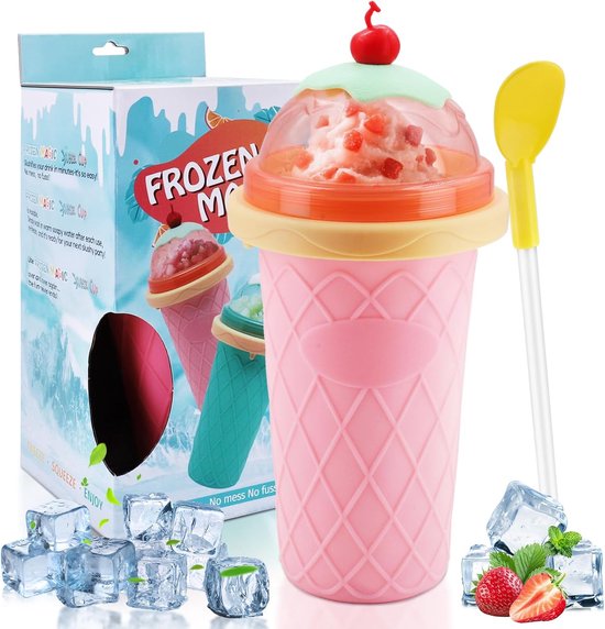 Slushy maker beker - Siliconen, herbruikbaar, met rietje en lepel, roze van Merkloos