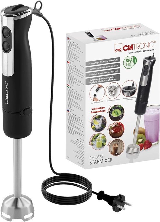 SM 3825 Staafmixer 800W met turbo-functie | pureerstaaf met roestvrijstalen mes | 12 niveaus | voor babyvoeding, soep, smoothies, puree, saus | hand blender | elektrische staafmixer SM 3825