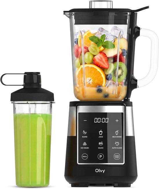 Smoothie Blender 1500W krachtige keukenmixer met glazen kan 1,5L 6 messen ijscrusher LED timer To-Go fles