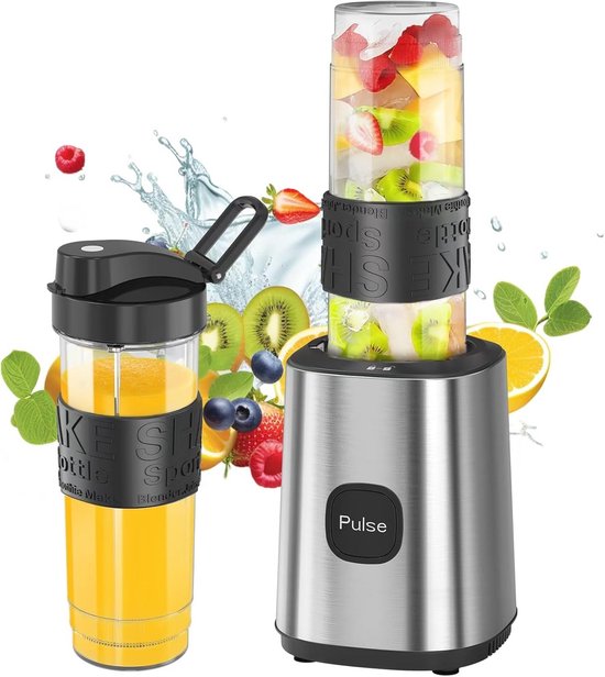 Smoothie Blender 500 W, blender met 2 draagbare Tritan-flessen van 570 ml, afscherming mixer BPA-vrij, met 4 roestvrijstalen messen, voor shake, smoothie en babyvoeding van Fochea