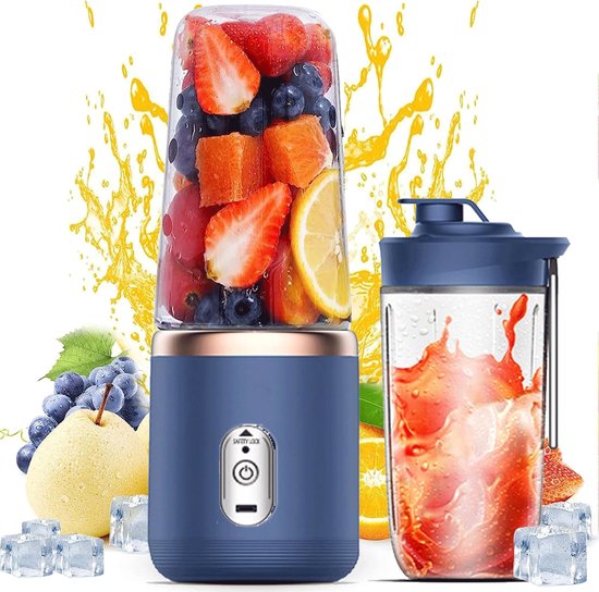 Smoothie maker - Draagbare blender - 400 ml - blender to go - smoothie beker - smoothie blender - Persoonlijke blender - USB oplaadbaar - blender - Inclusief een meeneembeker - Draagbare fruit- en groentesapbeker - 6 messen met reisdeksel - Blauw van Merkloos