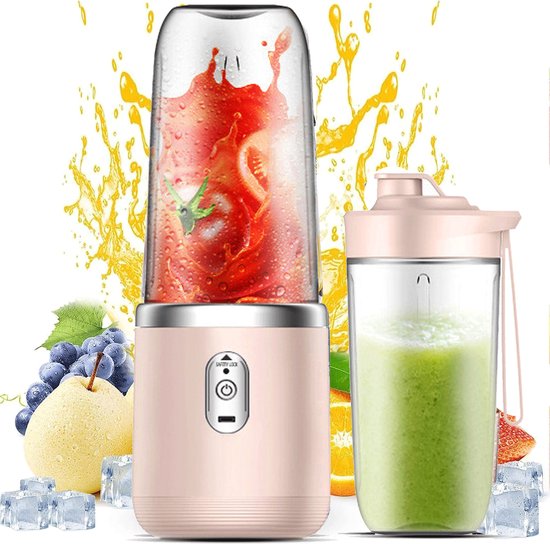 Smoothie maker - Draagbare blender - 400 ml - blender to go - smoothie beker - smoothie blender - Persoonlijke blender - USB oplaadbaar - blender - Inclusief een meeneembeker - Draagbare fruit- en groentesapbeker - 6 messen met reisdeksel - Roze van Merkloos