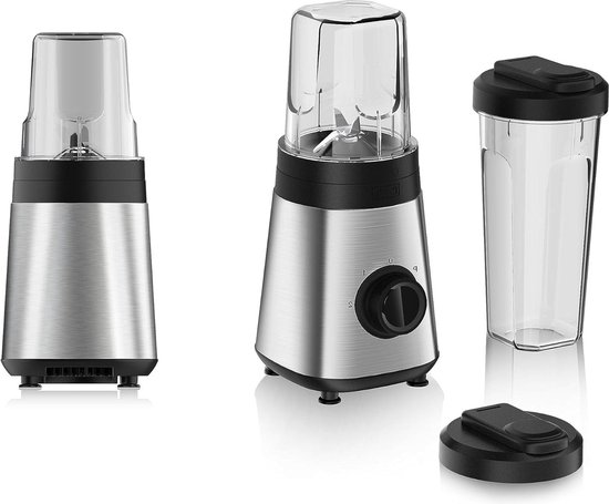 Smoothie Maker Mixer met 300W vermogen - Inclusief Smoothie beker van 300ml en 600ml - 2 snelheden en pulserende functie - roestvrij staal - zilver/zwart van Merkloos