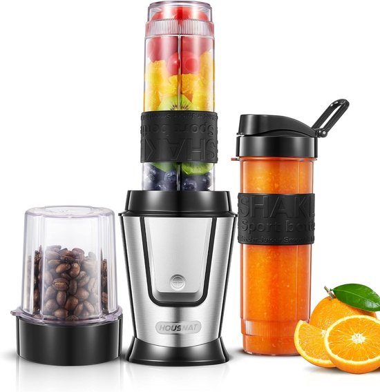 Smoothie Maker To Go, 500 W blender mixer koffiemolen 280 ml, blender elektrisch met 2 Tritan-kunststof sportflessen 570 ml, draagbaar, BPA-vrij, vaatwasmachinebestendig, roestvrij staal van Merkloos
