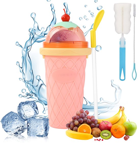 Smoothiebeker van 350 ml - Knijpbeker voor smoothies - Zomerse knijpbeker - Kersenprint - Siliconen + EVA + PP - Inclusief rietje en sponsborstel - Roze