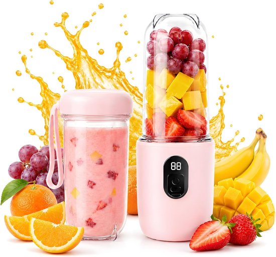 Smoothiemaker, 500 ml mixer, smoothiemaker to go met digitaal display, 16 vellen draagbare mixer voor vers sap, oplaadbare Mix to go elektrisch voor reizen, keuken, roze